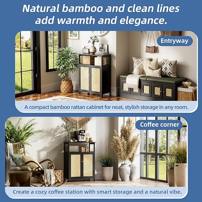 HITNET Bamboo Floor Cabinet, Bathroom Storage Cabinet with 2 Rattan Doors and Shelves, Space Saving Freestanding Kitchen Cupboard, Black