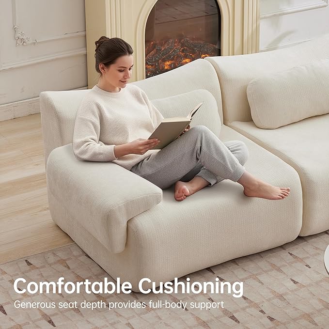 117”L Shaped Modern Sofa Modular Sectional Cloud Couch with Ottoman,Oversized Boneless Sofa,3+1 Seater Chenille Deep-Seat Sofa with 3 Pillows,Suitable for Living Room or Bedroom(White)