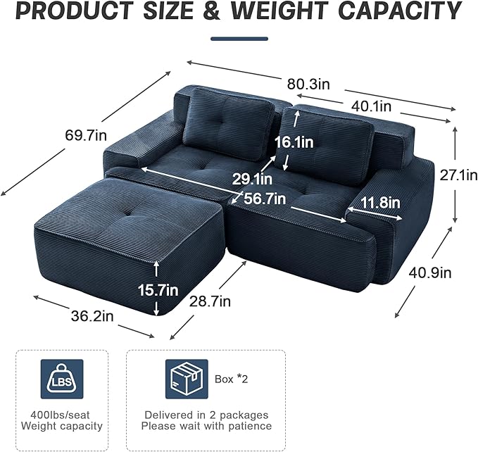 80" Modern Compressed Boneless Love Seat Couches with 1 Ottoman, 2 Seater Large Sectional Couches for Living Room, Blue Corduroy Cloud Modular Sectional Sofa, Memory Foam, Deep Loveseat, No Assembly
