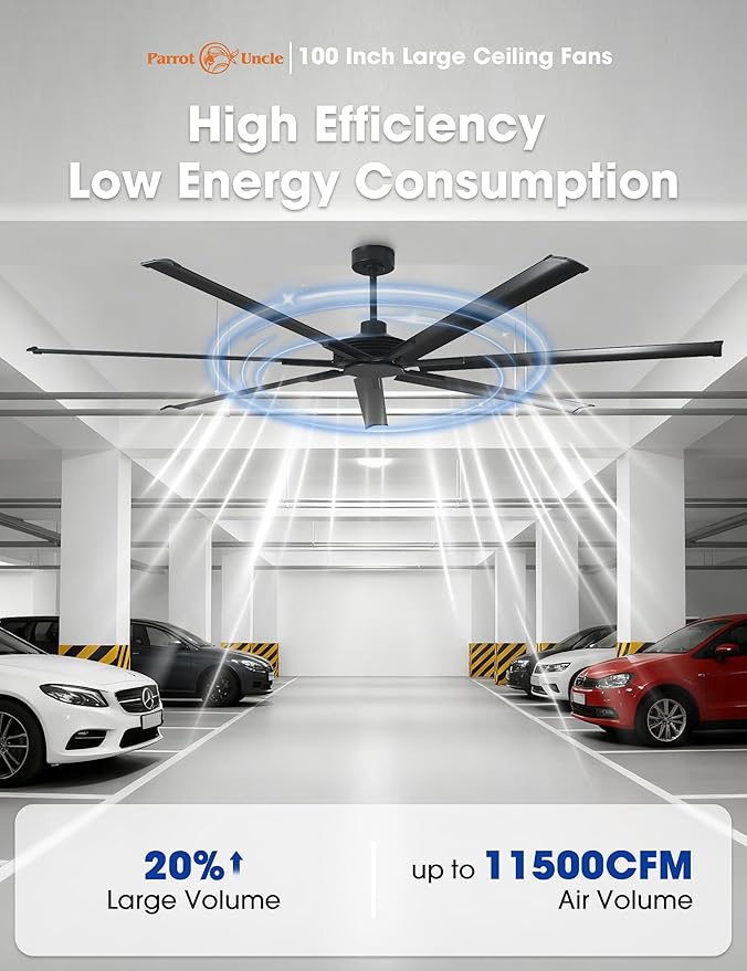 Industrial Ceiling Fans with Remote Control, 100 Inch Black Big Ceiling Fans without Lights for Living Room Shop Garage Bedroom Indoor Outdoor, 6-Speed Reversible DC Motor, Dimmable, 3CCT, Timer