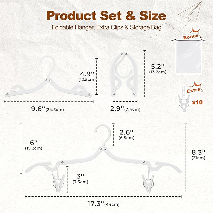 HOUSE DAY Foldable Travel Hangers 10 Pack w/10 Clips, Cruise Essentials 2025, Portable Hangers Collapsible Hanger Plastic, Travel Must Haves for Suitcase, Hotel, RV, Road Trip, Flying, Camping-White