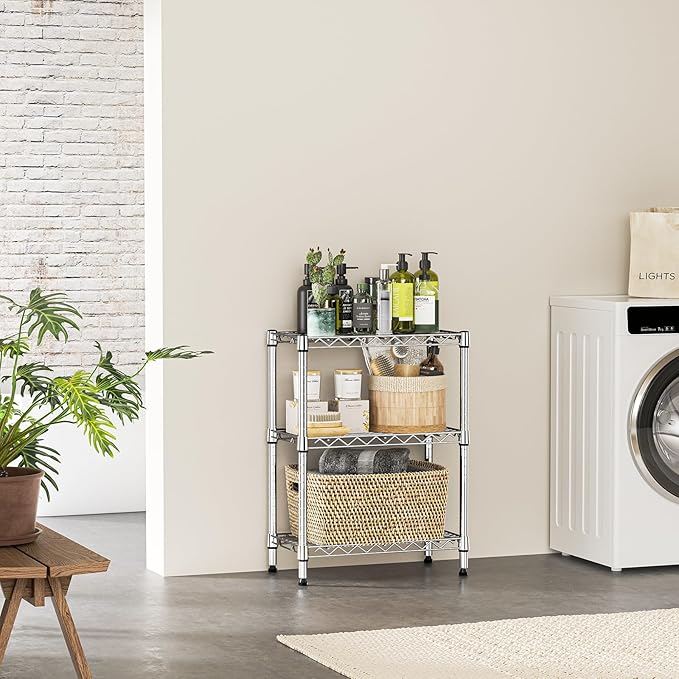 IZEUK 3-Tier Steel Storage Shelves, Heavy Duty Metal Shelf Wire Shelving Rack for Pantry, Kitchen, Living Room, or Office Organization (21.7" W x 11.8" D x 28.6" H, 750LBS, Chrome)