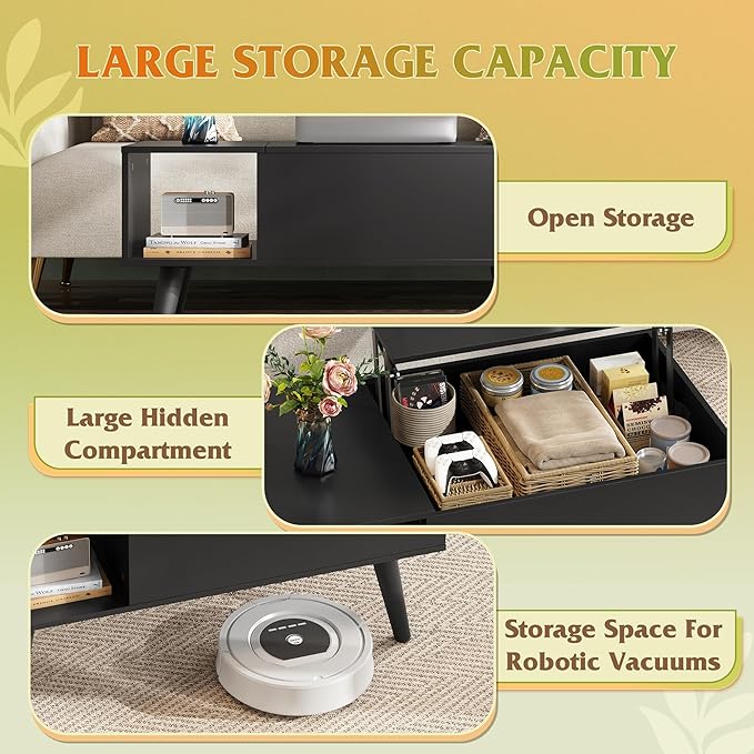 WLIVE Coffee Table for Living Room, Small Coffee Table with Storage, Lift Top Modern Wooden Dining Center Table with Storage Shelf & Hidden Compartment, 31.5" Black