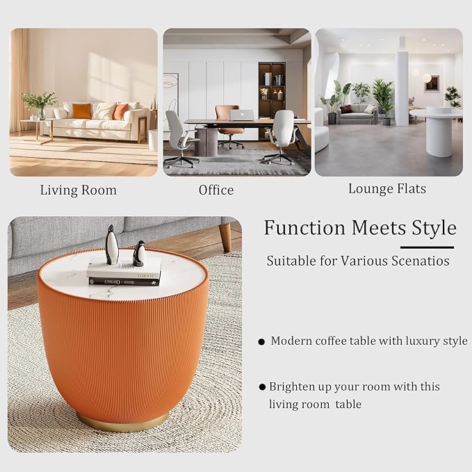 Round Coffee Table Set with Sintered Stone Tabletop, 27.56" Black Drum Center Table and 19.69" Orange Coffee Table Set, 2 Pieces Living Room Table Set with Fluted PU Leather Cover& Metal Base