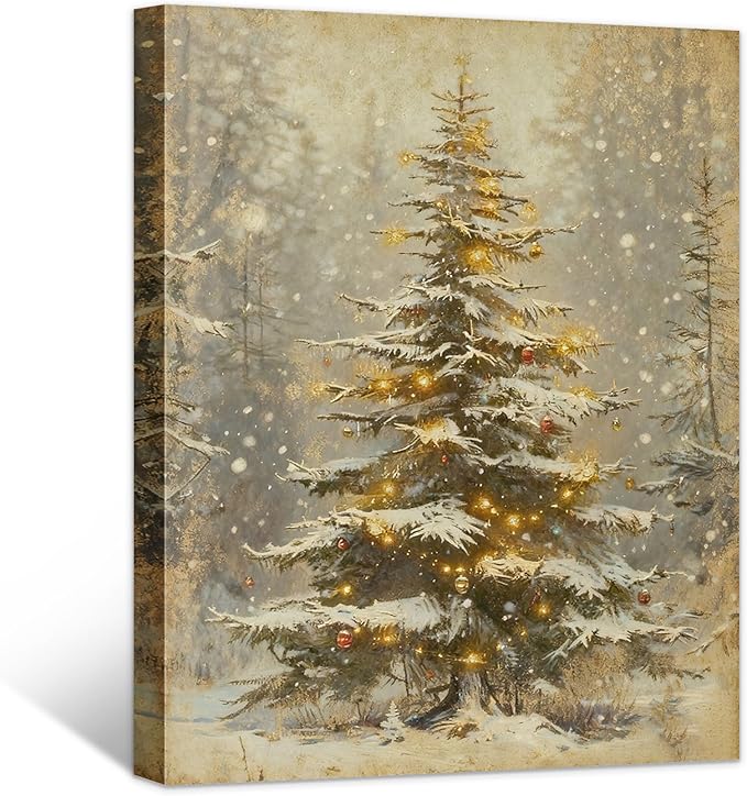 Framed Christmas Pictures Wall Decor,Vintage Pine Tree Prints,Winter Christmas Canvas Wall Art Decoration for Bedroom Bathroom Living Room Rustic Xmas Holiday Gifts (Christmas Tree 2, 24'' X 36'')