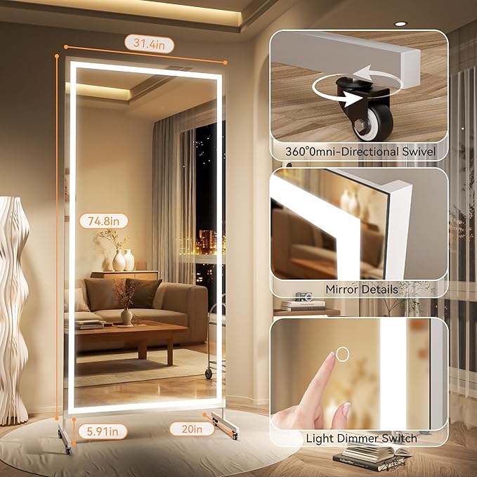 Hasipu Home Gym Mirror with Light 360° Swivel on Wheels, 75" x 32" Extra Large Full Length Rolling LED Mirror for Yoga Studio, Bedroom, Dancing Studio, White