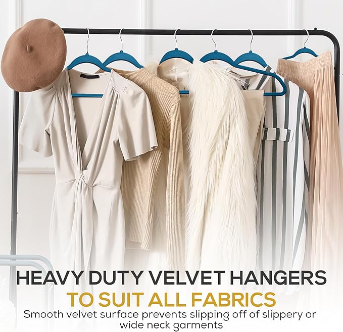 Premium Velvet Hangers 50 Pack Ultra Thin Non Slip Adult Felt Space Saving Slim Suit Hanger for Closet Heavy Duty Coat Pants Jackets Dress Hangers 360° Swivel Hook Hold Upto 10 lbs Blue