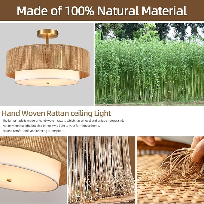 Boho Semi Flush Mount Ceiling Light Rattan Ceiling Light 18" Farmhouse Ceiling Lamp with Natural Hemp Rope Fabric Lampshade for Dining Room Living Room Bedroom Kitchen