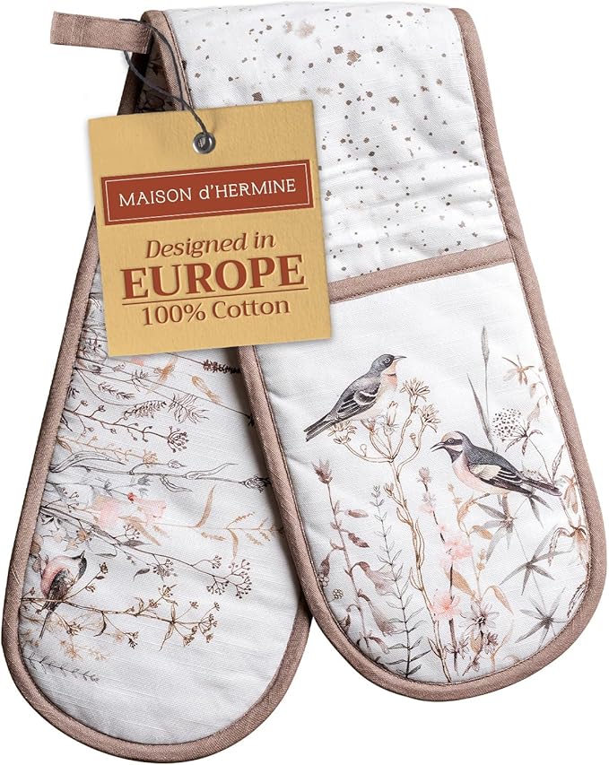 Maison d' Hermine Double Oven Mitts 100% Cotton 7"x35" Double Oven Mitt Heat Resistant BBQ Cooking Gloves with Loop, Baking, Grilling, Kitchen, Handling Hot Pans Spring Summer (Meadow Florals - Brown)