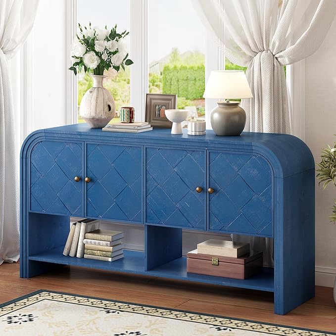 60'' Curved Sideboard with 4 Doors and Bottom Shelf, Versatile Wooden Accent Storage Cabinet Entryway Console Table for Hallway Living Room Dining Room (Navy Blue-4.16)