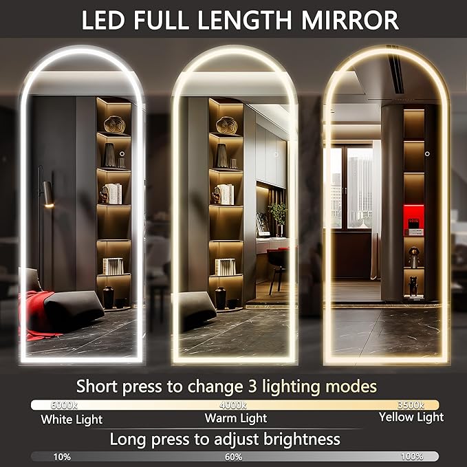 Hasipu 75" x 28" Led Mirror Full Length, Arch Mirror Full Length with Lights, Floor Full Body Glass with Stand,Tempered Glass,Shatter-Proof, Dimming & 3 Color for Bedroom Cloakroom-UL