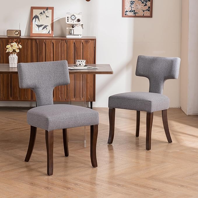 Mid Century Modern Dining Chairs Set of 4, Upholstered Side Dining Chairs with Curved Back Linen Fabric Armless Wood Chairs Kitchen & Dining Room Farmhouse Chairs (Gray)