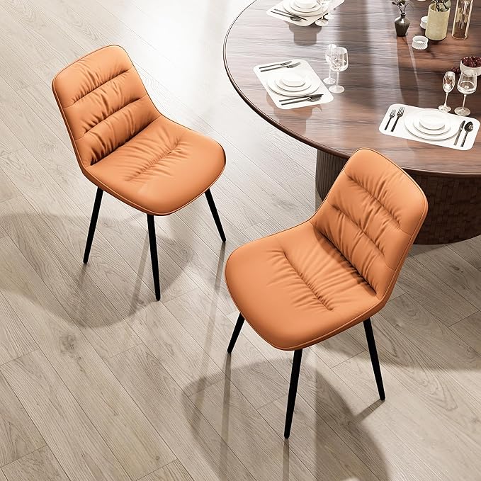 Kidol & Shellder Dining Chairs Set of 2, Modern Upholstered Faux Leather Kitchen Side Chairs with Comfortable Back - Mid-Century Armless Chair for Dining living Room Bedrooms, with Metal Legs (Orange)