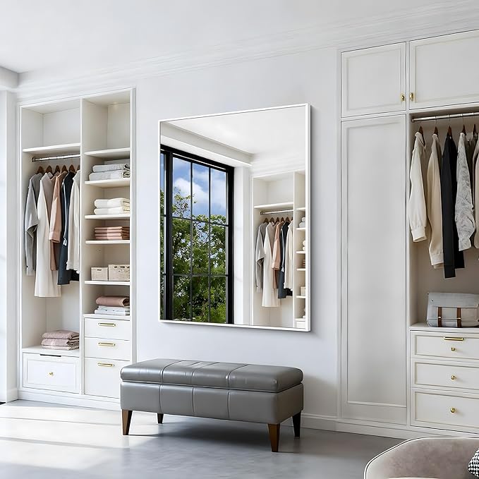 BONEWEI White Bathroom Mirror,36x48 inch Wall Mirror for Bathroom Wall Mounted,Large Rectangle Mirror for Bathroom Over Sink,Modern Metal Frame for Living Room,Bedroom Entryway,Horizontal/Vertical