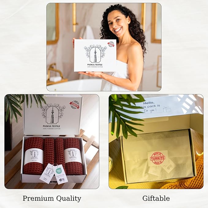 Püskül - Luxury Waffle Towel Set for Bathroom 4 Pieces Brick Red, Premium Quality Organic 100% Turkish Cotton 2 Hand and 2 Bath Towels Sets, Quick Dry Thin Waffle Towels, Made in Turkiye (Brick)