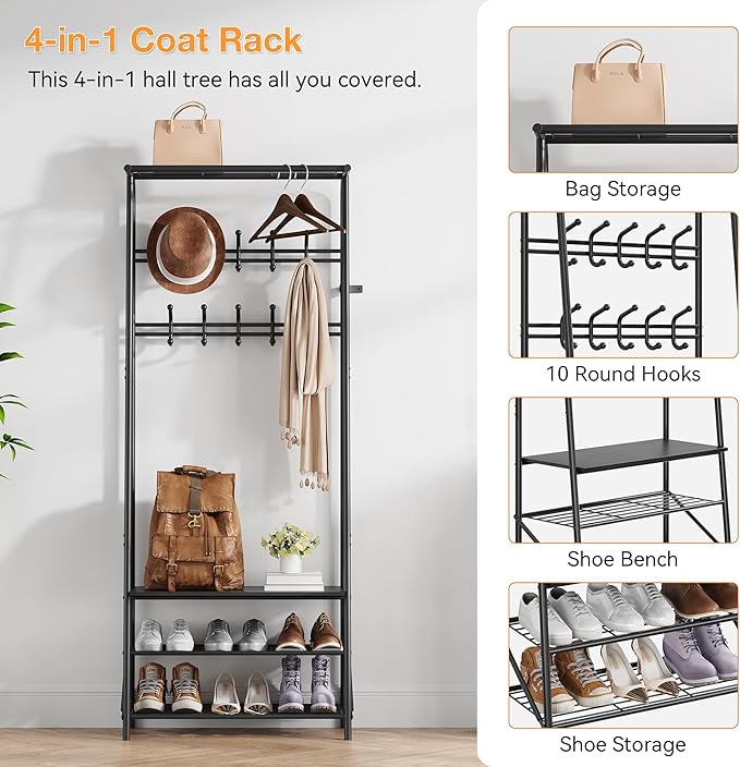 MDF Hall Tree with Bench, 4-in-1 Entryway Coat Rack with Storage Shelf & Shoe Organizer, Sturdy Freestanding Furniture for Living Room, Bedroom, Mudroom