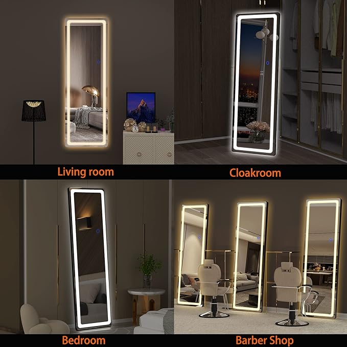 Hasipu Full Length Mirror with Lights, 56" x 20" LED Floor Mirror, Full Body Dressing Standing, Hanging Mounted Mirror for Living Room Bedroom Cloakroom, Round Black