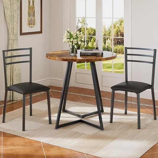 VECELO Small Round Kitchen Table with 2 Upholstered Chairs, 3-Piece Wood Dinette Sets with Steel Frame for Breakfast Nook, Dining Room, and Small Space, Brown