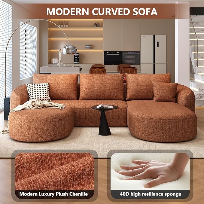 111" Modular Sectional Couches Luxury Modern Curved Back U-Shape Sofa Set with Ottoman,Minimalist Comfy Boneless Cloud Couch for Living Room Apartment,(Right Facing Chaise,Orange)