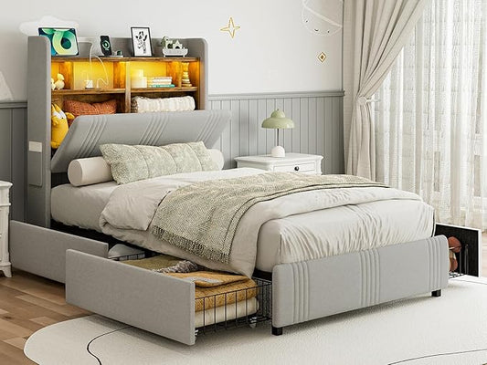 IKIFLY Twin XL Bed Frames with Hidden Storage Headboard & 4 Drawers, 49.2” Tall Upholstered Wingback Headboard with LED Lights and Charging Station, No Box Spring Needed, Solid Wood Slats, Light Grey