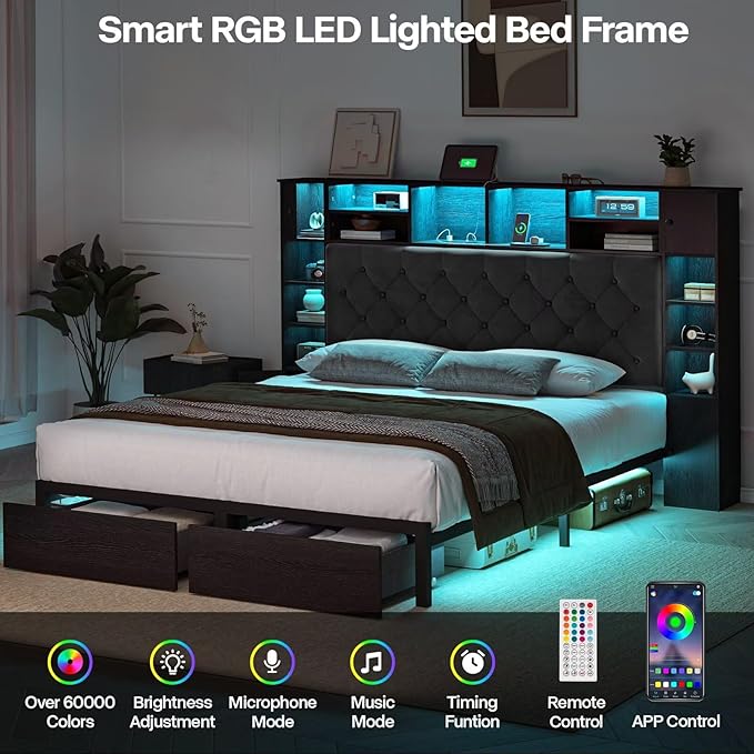 Queen Bed Frame with Bookcase Headboard and Storage Drawers, 51.2" Metal Platform Queen Size Bed Frame with Charging Station and LED Lights, Velvet Upholstered Tufted Bed Frames, Black