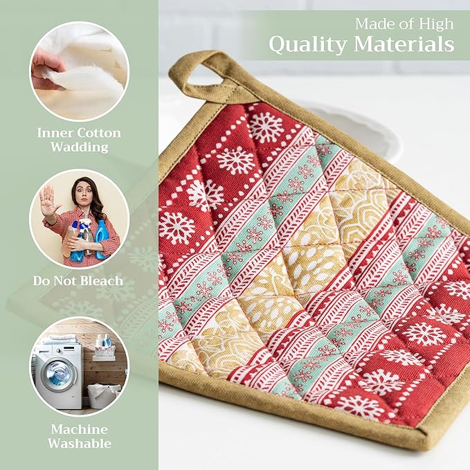 Maison d' Hermine Pot Holders 100% Cotton Heat Resistant Potholders 8" x 8" Hot Pads with Loop for Thanksgiving Christmas Decorations BBQ Cooking Baking Handling Hot Pans (Pack of 1, Sofia)