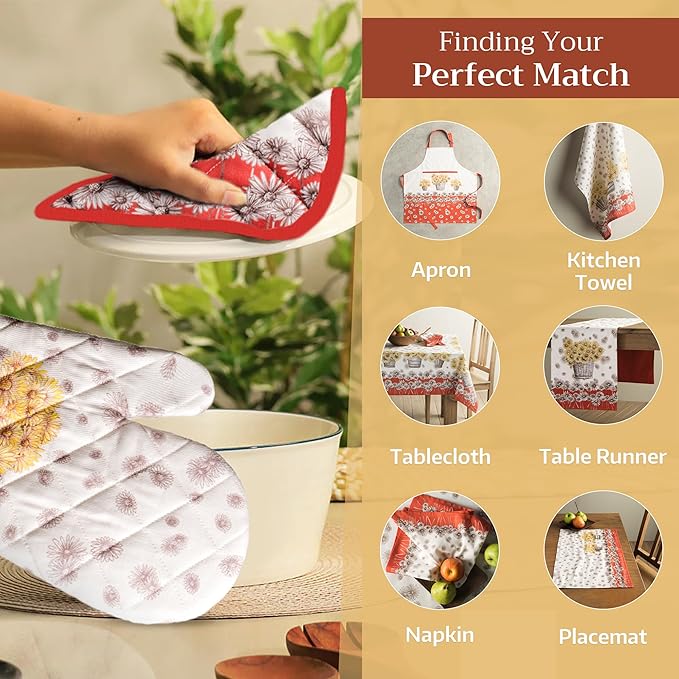 Maison d' Hermine Oven Gloves 100% Cotton Oven Mitt 7" x 13" with Loop Heat Resistant BBQ Cooking Gloves for Thanksgiving Christmas Decorations Baking Handling Hot Pans (Pack of 1, Bagatelle)