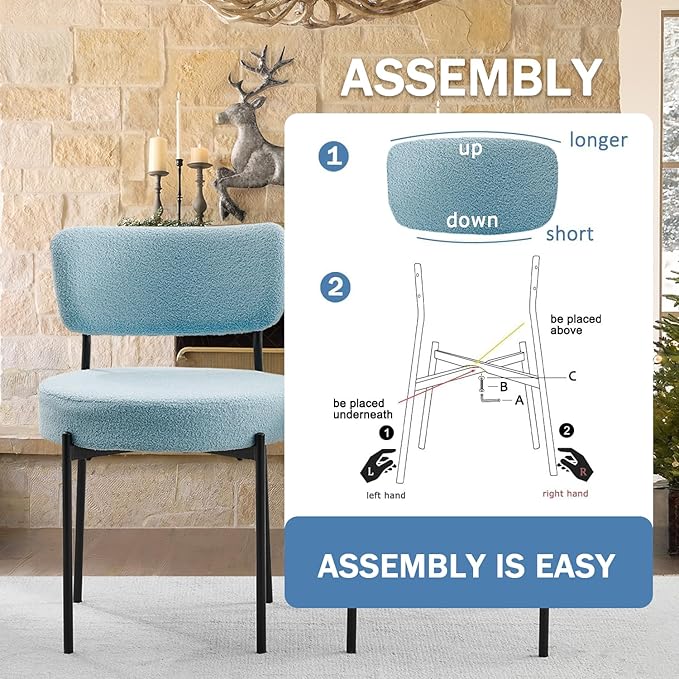 Blue Boucle Dining Chairs Set of 8, Upholstered Dinner Chair with Metal Frame, Dining Room Chairs with Padded Seat, Round Modern Seating for Living Room