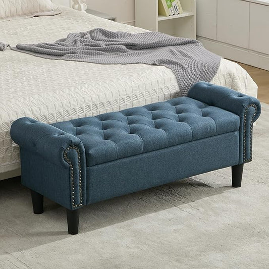 Storage Bench, 50" Queen End of Bed Bench, Linen Tufted Button Upholstered Bedroom Bench, Storage Ottoman with Rolled Arms, Window Bench with Storage, for Living Room, Entryway Dark Blue