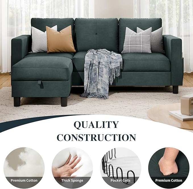 SUNLEI Convertible Sectional Couches for Living Room, L Shaped Couch with Movable Ottoman Storage, 3 Seat Small Couches for Living Room in Apartment, Linen Fabric, Dark Grey