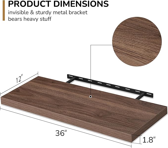 Fun Memories Floating Shelves - 2 Pack 12 Inch Deep Rustic Wooden Wall Shelves - Extra Deeper & Thicker Wall Mounted Storage Shelf for Living Room, Kitchen, Farmhouse - 36" W x 12" D x 1.5" H - Walnut