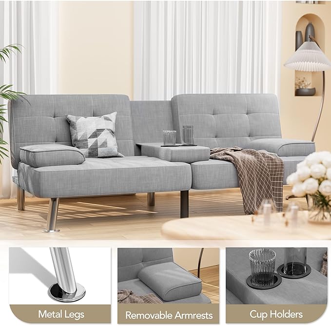 Shahoo Modern Linen Upholstered Convertible Folding Futon Sofa Bed with Removable Armrests, Metal Legs, 2 Cup Holders for Living Room, Light Grey