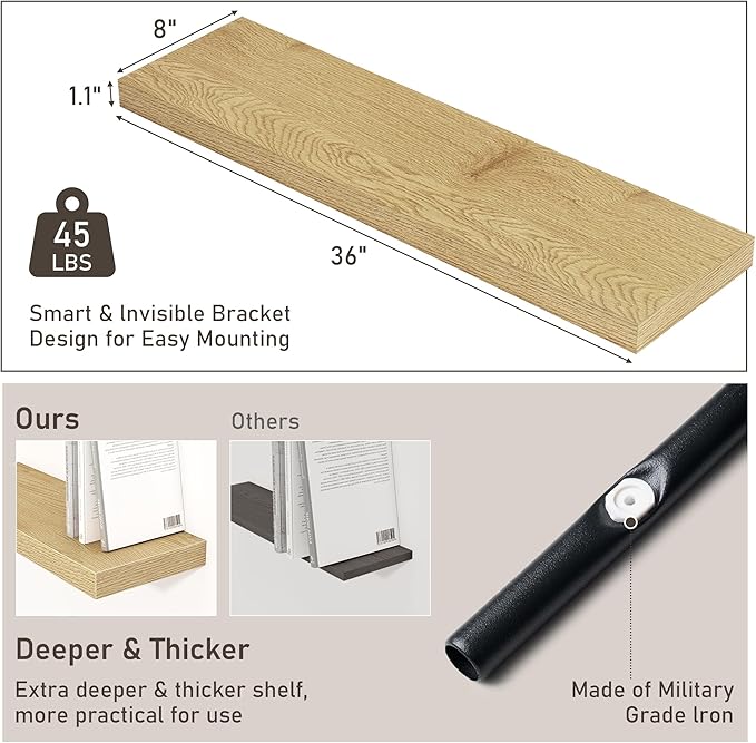 Fun Memories 36 Inch Floating Shelves, Wall Shelves Set of 2 for Bathroom/Living Room/Bedroom/Kitchen, Wall Mounted Floating Shelf for Home Decor with Invisible Brackets, Oak