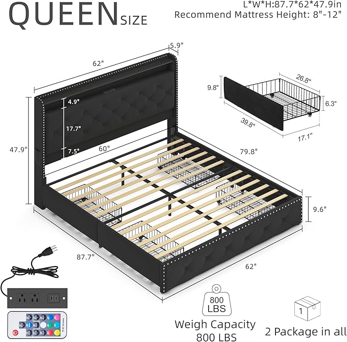 BRELTAM Black Queen Size Bed Frame with LED Light and Charging Station,Upholstered Velvet Tufed Bed Frame with 4 Storaged Drawers Platform Bed Frame with Headboard Heavy Duty Wood Slats, Noise Free