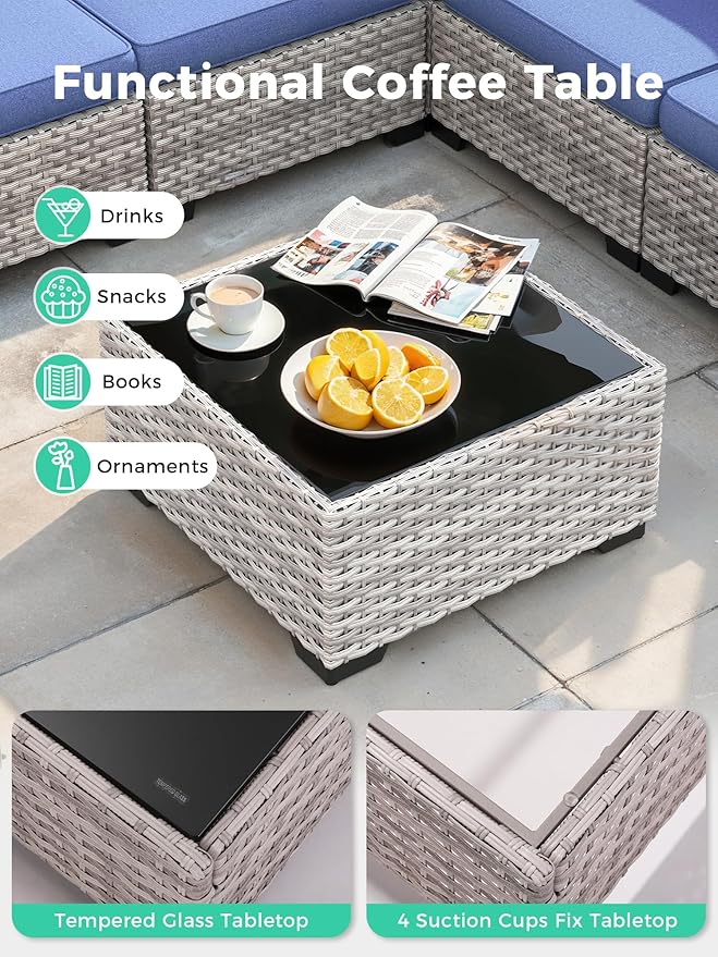 15 Piece Outdoor Wicker Rattan Sectional Sofa Set with Swivel Chairs, 12-Seats Patio with 4" Thickened Cushions & Coffee Table, All-Weather PE Rattan for Garden, Backyard, Porch, Blue