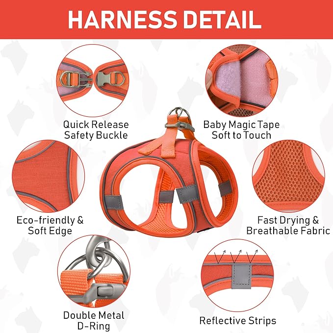 GAMUDA Small Pet Harness Collar and Leash Set, Step in No Chock No Pull Linen Fabric Soft Mesh Dog Vest Harnesses Reflective for Dogs Puppy Cats Kitten Rabbit (Orange, XL)