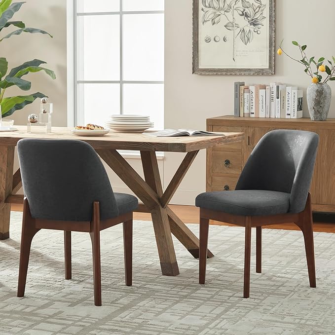 VKNOW Modern Dining Chairs, Faux Leather Kitchen Chairs with Wood Legs, Upholstered Side Chair for Kitchen Dining Room (Black, Set of 6)