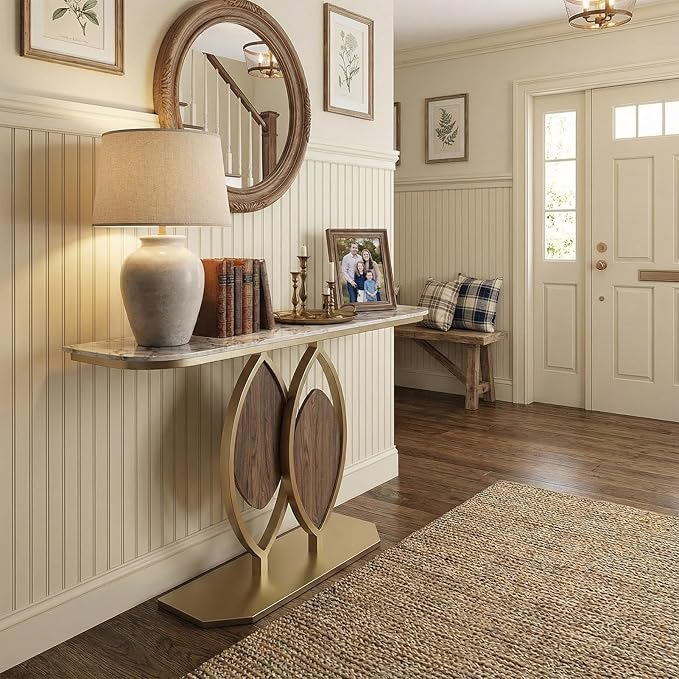 Stone Console Table Gold for Entryway, Modern Foyer Table Sofa Tables Narrow Long Stone Top for Living Room, Hallway Decor, Creative Styling(Gray,59"x11.8"x31.5")