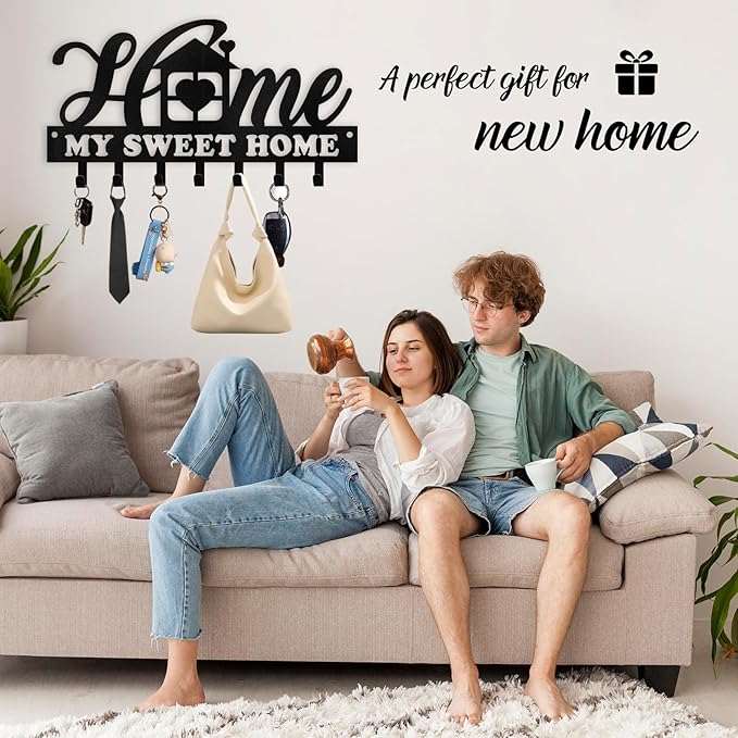 Personalized Sweet Home Key Holder - Black Metal Key Hanger Wall Decorative, Organizer with Hooks, Housewarming Gifts