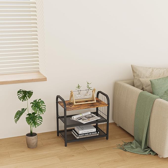 Shoe Rack, 3-Tier Shoe Organizer with Guardrails, Heavy-Duty Metal Mesh Shelves & Rustic Wooden Top for Stylish Closet & Front Door Storage