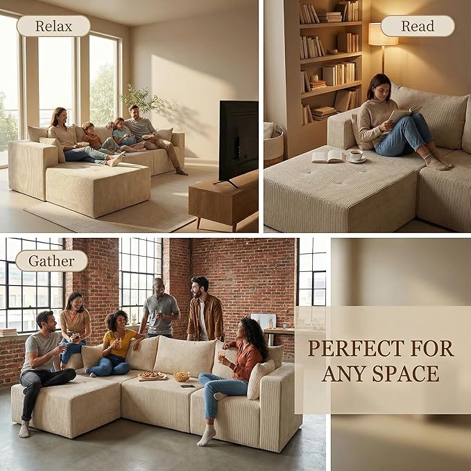 Cloud Boneless Sectional Sofa, Modular Sofa with Deep Seat, Modern Upholstered Couch with Chaise Lounge, Fluffy Comfy L-Shape Sectional Couch for Living Room, Black