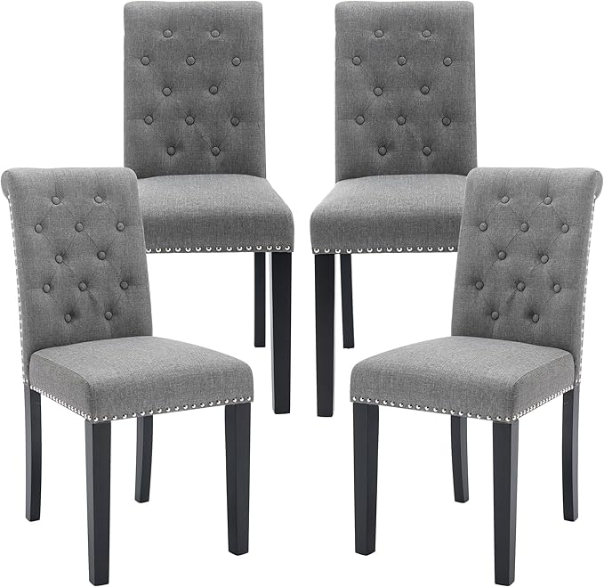 Westice Dining Room Chairs Set of 4 Upholstered Fabric Kitchen Chairs Dining Room Side Chair with Nailhead Trim and Rubber Wood Legs for Small Space Apartment, Gray