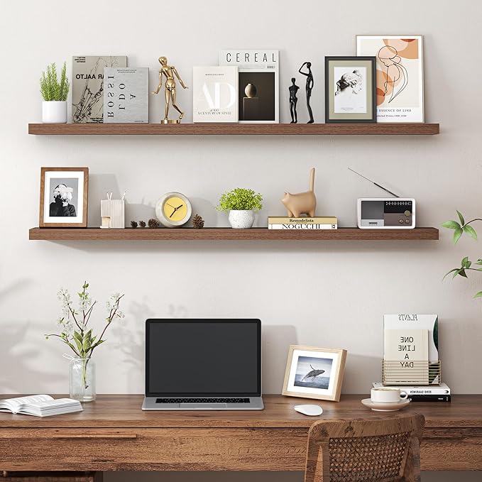 Heimlove 48 Inch Floating Shelves for Wall,Extra Long Wood Shelves Mounted Storage Hanging Shelf Invisible Bracket for Bedroom,Living Room,Kitchen,Office,Set of 2,Walnut Color