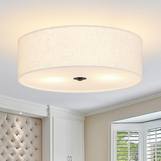 15.7 Inch 3-Light Drum Modern Black Ceiling Light Fixture Flush Mount Ceiling Light Fixture Dimmable Close to Ceiling Light Fixture with Fabric Shade for Living Room Hallway Entryway Bedroom