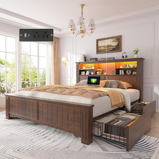EnHomee Full Size Bed Frame with Headboard, Full Bed Frame with 4 Drawers Charging Port & LED, Farmhouse Bed Full Built in Charging Station,No Box Spring Needed,NO Noise,Vintage Brown