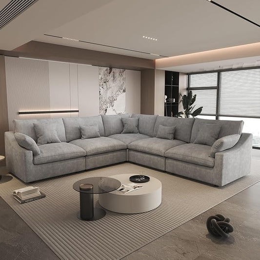 Modular Sectional Sofa,119inch V Shaped Down Filled Cloud Couch,5 Seater Convertible Sofa Living Room Set,Cover Washable and Replaceable Couches for Living Room,Gray