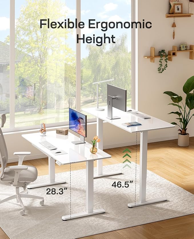 Marsail Glass Electric Standing Desk with Drawer, 40 x 24 Inches Height-Adjustable Desk, One-Piece Tempered Glass Top, Ergonomic Home Office Sit Stand Desk with 4 Preset Heights, White
