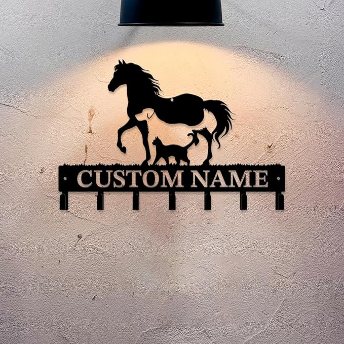 Personalized Custom Name Farm Horse Wall Key Hooks,Metal Horse Art Clothes Hooks,Metal Horse Wall Home Storage Decorative,For Front Door, Hallway, Kitchen, Bedroom,Keys,Hats (Style A)