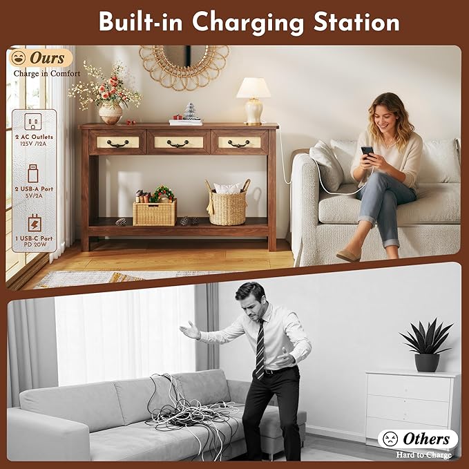 47.2" Console Table with 3 Rattan Drawers, Long Sofa Table with Storage Behind Couch, Farmhouse Entryway Table with Power Outlet & Open Storage for Entrance/Hallway/Foyer/Living Room, Walnut