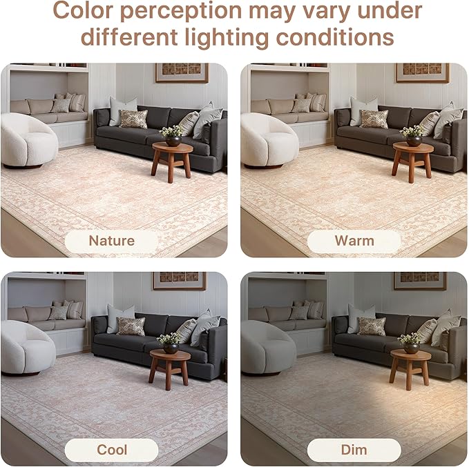 GENIMO 5x7 Washable Area Rug, Non-Slip Vintage Boho Floral Carpet, Soft Low-Pile Thin Bedroom Rug for Living Room, Dining Room, Nursery, Pink White